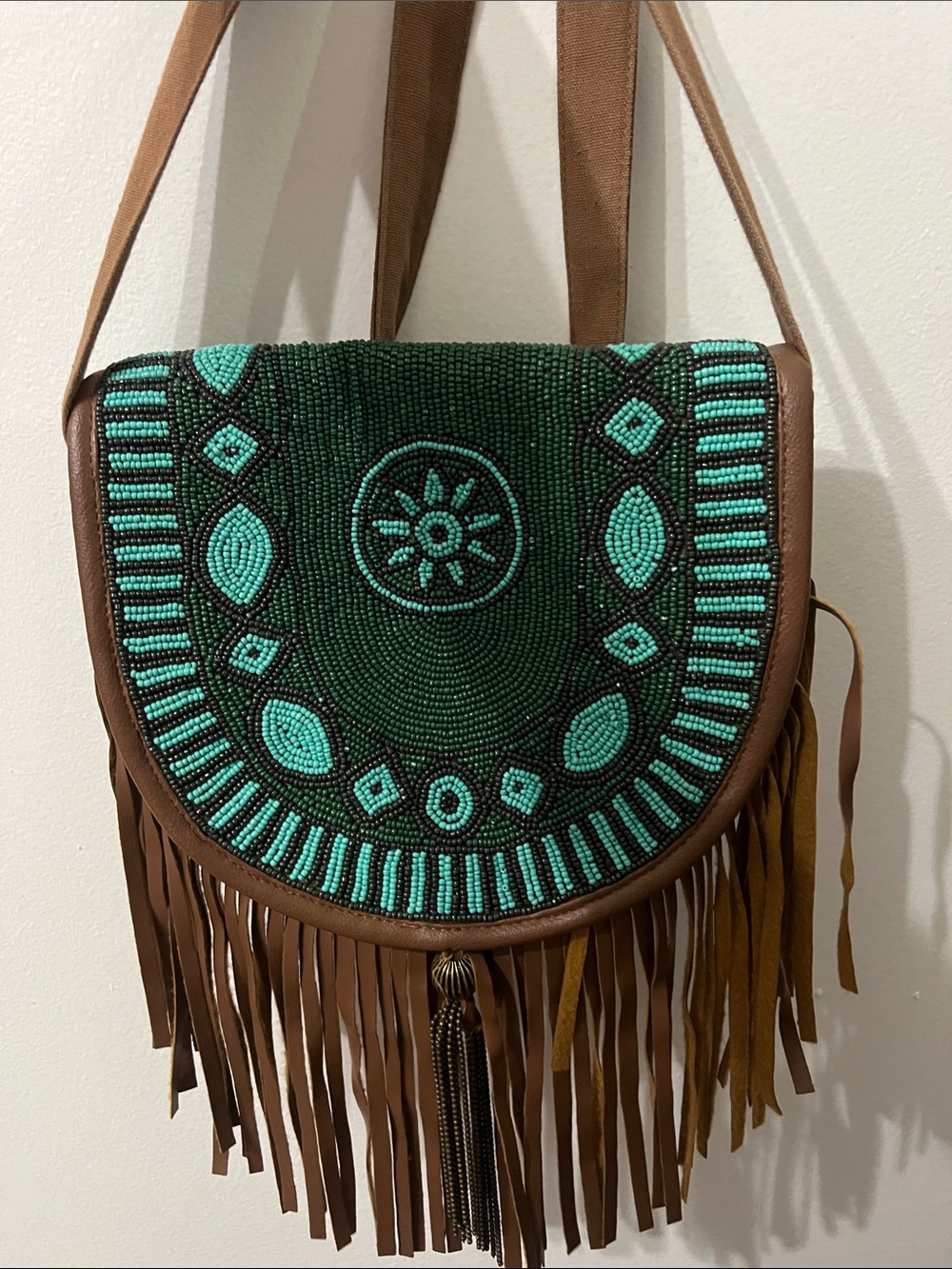 EARTHBOUND Beaded Fringe Shoulder Bag - Green and Brown